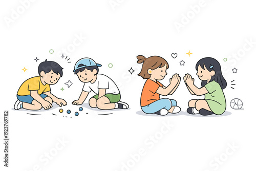 Casual street games in courtyards. Kids sitting on the ground playing marbles or small hand games, focused and calm. Quiet social interaction and simple play