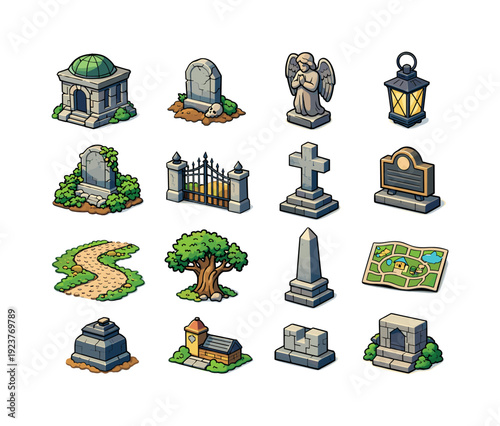 Collection of cartoon cemetery and graveyard elements for game design and illustration