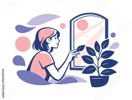 Gentle Touch with Nature. Window light and leaves. Person gently touching a leaf while looking outside, sun