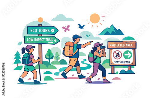 Eco-friendly tourism concept. Travelers hike through protected landscapes, signs pointing to