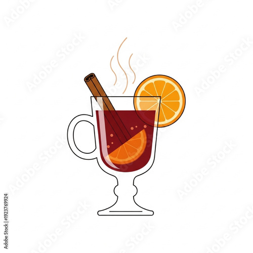Minimalistic Mulled Wine Vector Illustration, Steaming Glass with Cinnamon and Orange, Flat Design, Warm Cozy Style