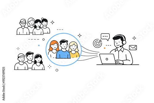 Niche audience focus. Abstract groups of customers with one highlighted cluster, connected to a marketer by soft lines. Visual metaphor for