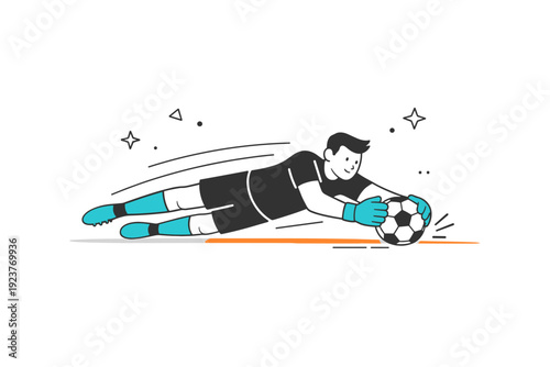 Goalkeeper save. A calm but dynamic moment where a goalkeeper dives sideways to block a low shot. Motion lines and abstract shapes emphasize