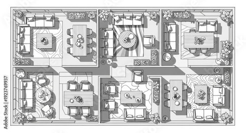 Detailed architectural floor plan showcasing various outdoor living spaces and furniture arrangements.