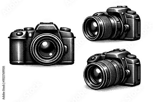 Halftone Camera Icon. Camera icon logo. A realistic camera icon logo shown as a single object from three different angles: front view, side view, and