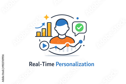 Real-Time Personalization highlighting data driven interaction and instant feedback. A conceptual badge combining a user avatar with subtle