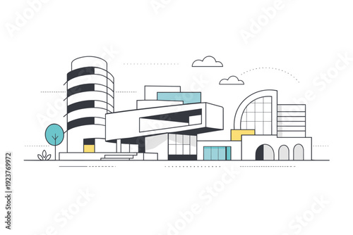Modern buildings architecture concept. Abstract modern buildings with emphasis on shapes, structure, and proportions. The scene suggests