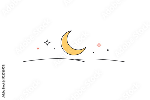 Ramadan night symbol. A crescent moon above a minimal horizon line, suggesting a quiet night sky and spiritual reflection. Peaceful abstract scene with plenty
