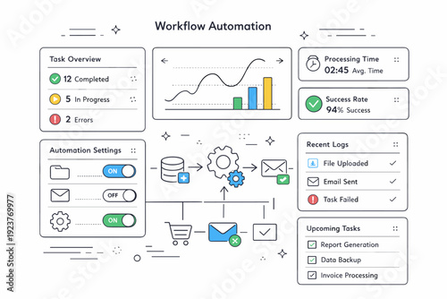 Workflow automation dashboards. Abstract interface with charts, toggles, and status indicators aligned in a structured layout. Organized overview of automated