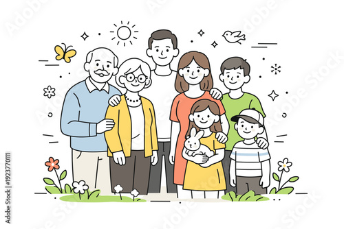 Spring holiday family portrait outdoors. Multial family standing together, grandparents and children side by side, sharing a warm