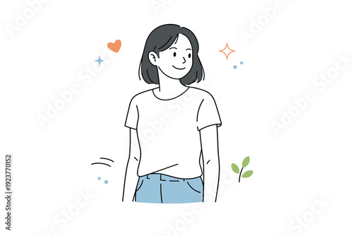 Natural unposed smiles. Someone looking slightly to the side with a small spontaneous smile, hands loosely at their sides. A candid everyday reaction that