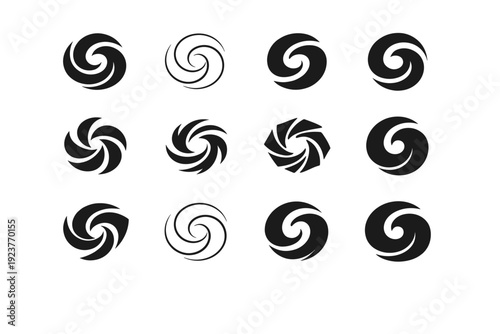 Twirl. Icon set. Set Logo of Twirl: flowing spiral wind. harmonious logo variations of the same emblematic concept, each with different