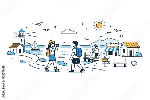 Coastal town exploring. A wide, airy composition combines coastline, small buildings, and walking paths, highlighting freedom and seaside charm. The scene