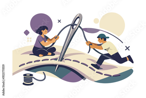 Decorative stitching moment. Close-up of thread passing through fabric, texture and rhythm