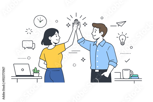 High five friendly office culture. Colleagues exchanging a casual high five in an open office, showing trust and positive work culture. The scene feels light,