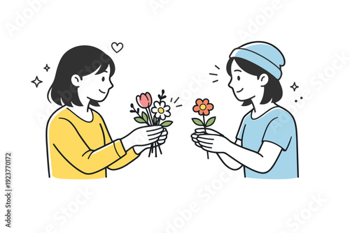 Friends exchanging flowers. Two friends gently hand flowers to each other, relaxed smiles and calm body language. Warm gesture of care and quiet connection.