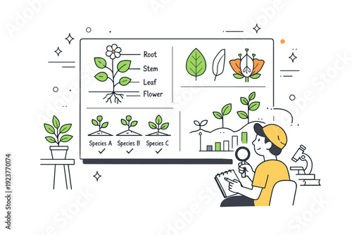 Plant science infographic. A simple character observing plant diagrams on a board or screen, suggesting study, research and classification.