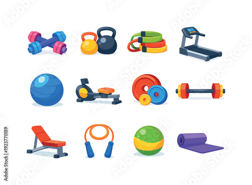 Gym equipment. Colorful flat vector icons set of Gym equipment: dumbbells, kettlebells,
