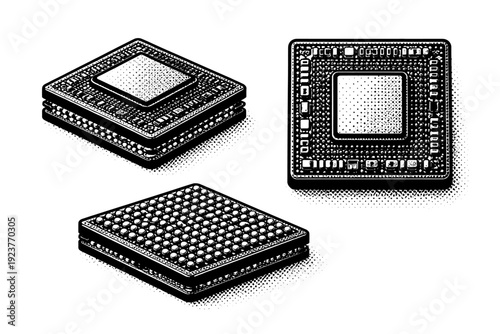Microchip / processor ? system on a chip module. A single system on a chip module shown in three views with compact form, layered