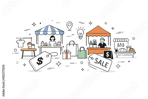 Small business pop-ups overview. An abstract composition with tents, tables, price tags, and small product icons, representing flexibility,