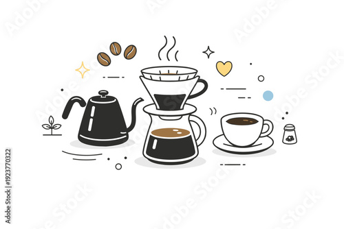 Pour-over coffee setup overview. An abstract arrangement of dripper, kettle, coffee beans, and cup, floating elements representing craft and aroma. Minimalist