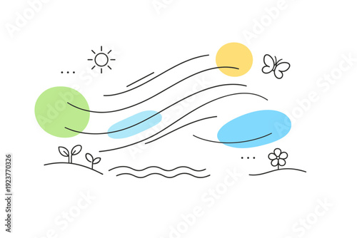 Abstract spring motion background. Light dynamic lines and rounded shapes suggesting breeze and renewal, arranged in a clean editorial