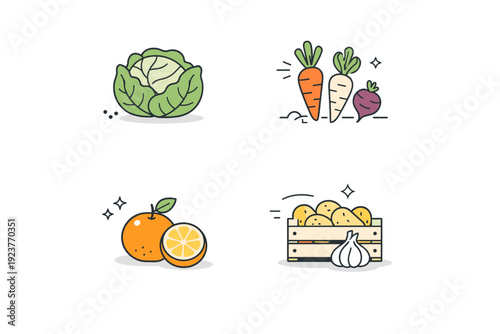 Winter seasonal vegetables. Simple icons of cabbage, root vegetables, citrus, and stored produce, expressing nourishment and resilience. Calm, grounded
