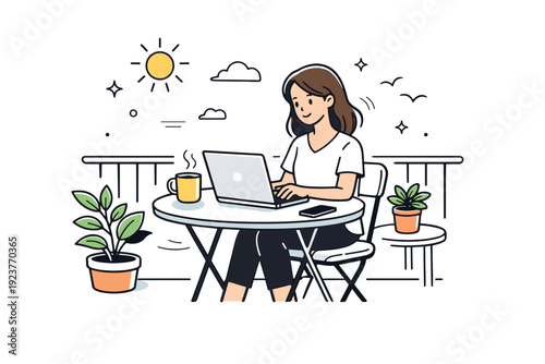 Remote work on sunny balconies. Professional working on a laptop at a small balcony table, sunlight and fresh air creating a calm productive mood. Relaxed
