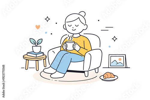Relaxing moment with tea or coffee. A minimal character holding a warm cup, seated comfortably in a quiet setting. Cozy, mindful mood