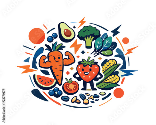Plant-powered nutrition. Fruits, vegetables, and seeds forming a circular composition,