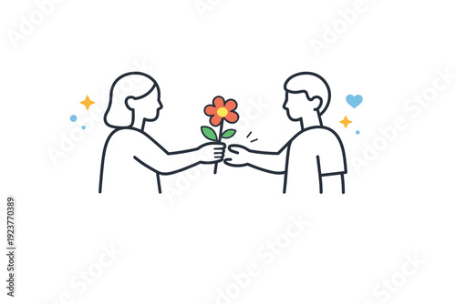 Friends exchanging flowers as a visual metaphor. Simplified figures pass a single flower between them, surrounded by open space. Symbol of