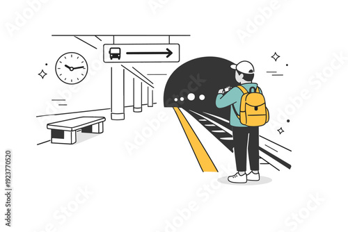 Subway platform quiet moment. A person checking the time or looking toward the tunnel, distant lights starting to appear. Transitional pause