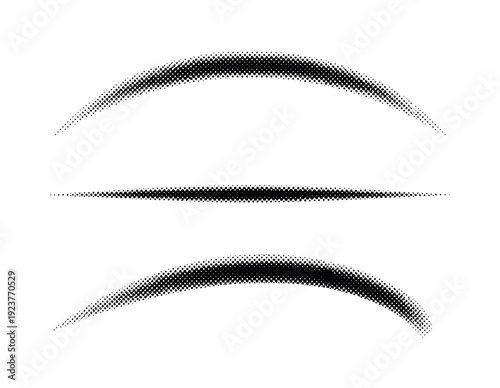 Halftone dotted curve smooth arc A smooth dotted curve arc is shown as a single object from three different views: front view, side thickness