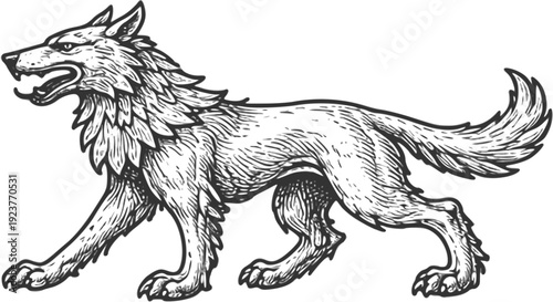 Vintage Engraved Heraldic Wolf – Medieval Crest Animal Illustration in Woodcut Style
