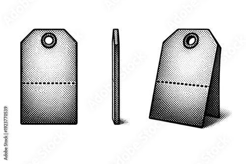 Halftone perforated price tag. A single perforated price tag shown in three views: front view, side view, and three-quarter view, accurately representing