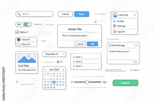 UX components overview. Floating wireframe elements such as buttons, input fields, menus, and cards. Modular thinking, system design, visual organization.