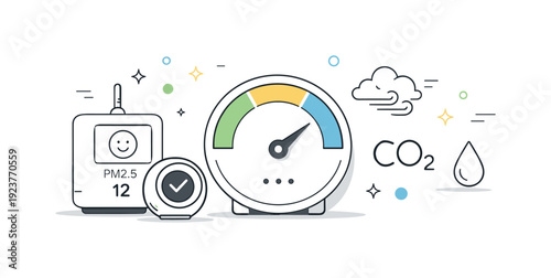Air quality measurement symbols. Minimal editorial scene with simple sensors, gauge icons, and floating particles, representing clean