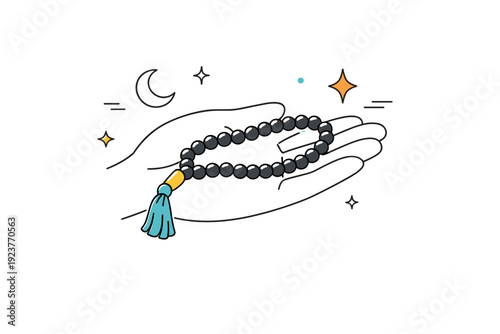 Minimalist Prayer Beads. Ramadan prayer beads close-ups. A minimal close-up scene of prayer beads gently resting in an open palm, soft light emphasizing