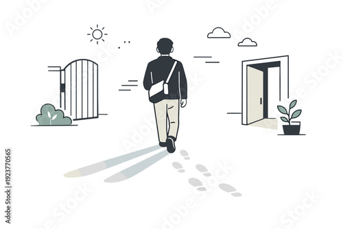 Reflective Departure. Leaving places moments. A figure is shown from behind exiting a park or building, with long shadows and fading footsteps capturing the