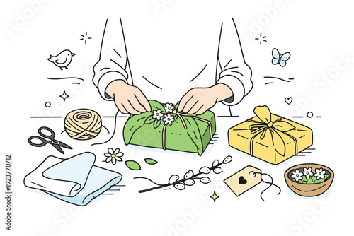 Spring holiday eco-gift wrapping. A calm scene of a person wrapping seasonal gifts using fabric, twine, and natural elements like flowers and leaves. The mood