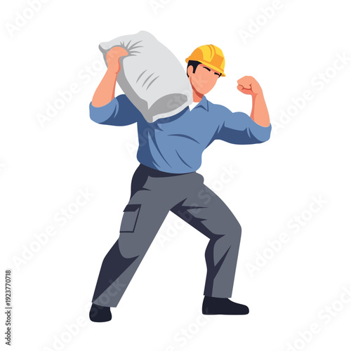 Construction worker carrying heavy bag on shoulder, flexing bicep