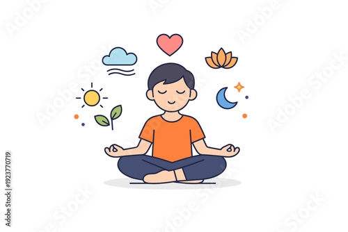 Meditation mindfulness minimal wellness concept with closed eyes, relaxed posture and floating symbols, representing presence, breathing and