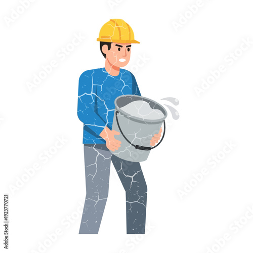 Construction worker carrying heavy bucket, distressed look, cracked texture effect