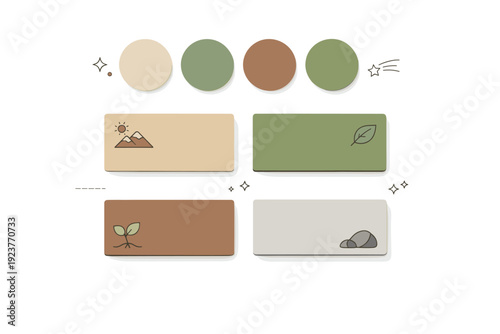 Earth-inspired color palette. Soft browns, greens, and warm neutrals displayed as simple cards or circles, evoking soil, stone, and wood