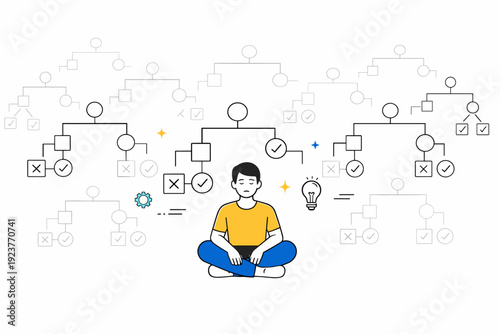 Decision fatigue moments. Wide minimal scene with multiple decision trees fading into the background as one person sits still in the center. Conceptual