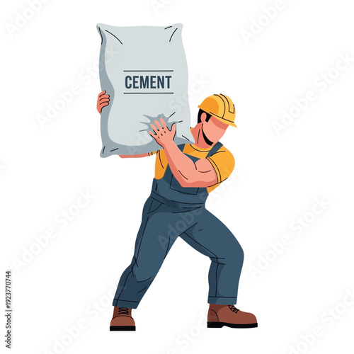 Construction worker carrying heavy cement bag
