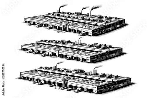 Industrial factory automotive assembly plant. A wide industrial factory structure with long horizontal production halls, loading bays, and