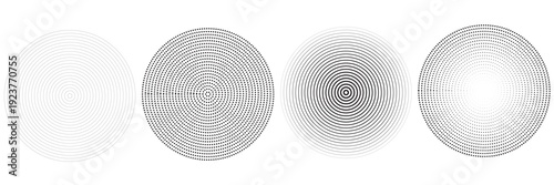 Black concentric circle set. Sonar or sound wave ring collection. Halftone and linear epicentre, target, radar icon concept. Ripple radial signal or vibration elements. Vector line and dotted symbols