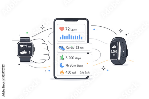 Wearable fitness tech in use. Abstract editorial composition with smartwatch, fitness band, and phone dashboard cards connected softly. Clean