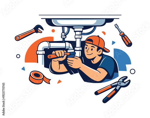 DIY sink replacement. Person tightening pipes under the sink, tools floating nearby, clear